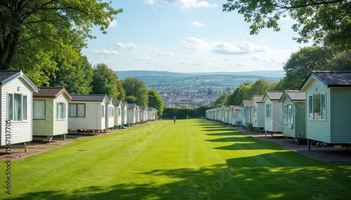 Fototapeta Naklejka Na Ścianę i Meble -  Scenic view caravan park homes in England. Summer vacation, holiday resort camping. Green grass, blue sky, modern architecture, outdoor recreation, tour tourism. Mobile homes, static homes in sunny