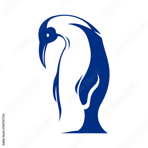 Stylized penguin design with a minimalist aesthetic rendered in deep blue, suitable for logos, icons, and branding projects.
