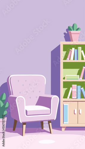 Cozy plush armchair beside a colorful bookshelf in a minimalistic living room, home decor concept of comfort and tranquility.