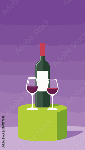 Wine bottle and glasses displayed on a lime pedestal against a gradient purple background, concept of elegance and celebration.
