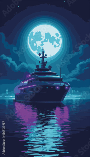 Stylized yacht floating serenely on moonlit water with ambient purple and lime lighting, night sky with constellations, luxury travel and relaxation concept