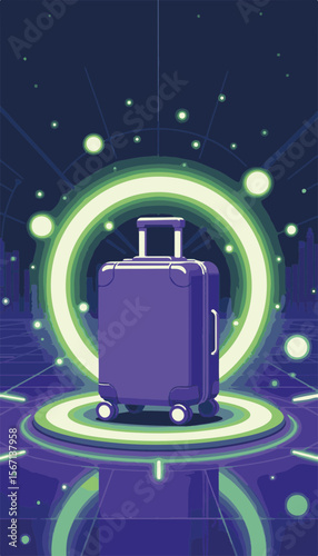 Vibrant purple suitcase emerging from a lime portal against a minimalistic digital background, travel concept for adventure and exploration.