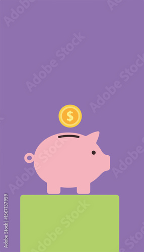Pink piggy bank with a coin dropping in it, minimalistic purple and lime background, saving money concept.