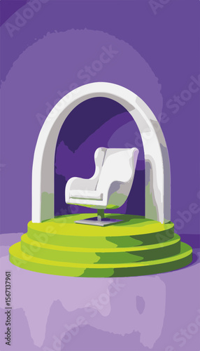 Futuristic lounge chair with arched canopy on lime green platform, purple background, modern luxury concept.
