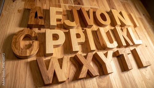 Wooden Letters Inlaid On Plywood Panel Creating Alphabetical Text With Brown Wood Texture and Shadow
