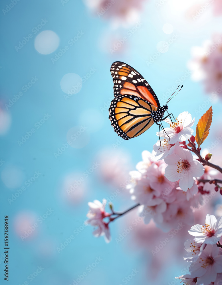 Obraz premium Butterfly rests on cherry blossom branch. Springtime nature background with blue sky, bokeh. Delicate flowers, sunny scene, macro shot. Beautiful floral photography for seasonal projects, greeting