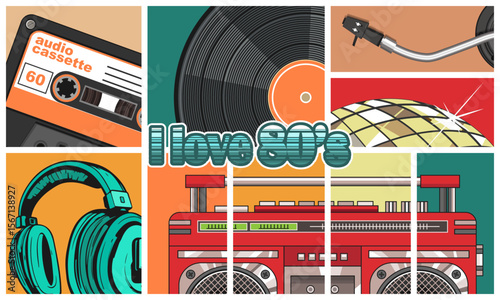 Multicolored collage about sound-reproducing technologies of the 80s and the inscription - I love the 80s. Vector illustration