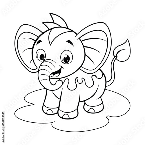 A baby elephant spraying water from its trunk for kids coloring book vector illustration.