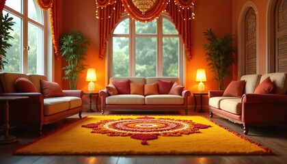 Festively decorated living room with marigold garlands, rangoli for diwali celebration. Interior features sofa, rug, lamp, curtains. Home interior decor elements include traditional indian style.