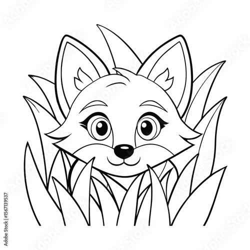 A fox peeking out of tall grass for kids coloring book vector illustration.