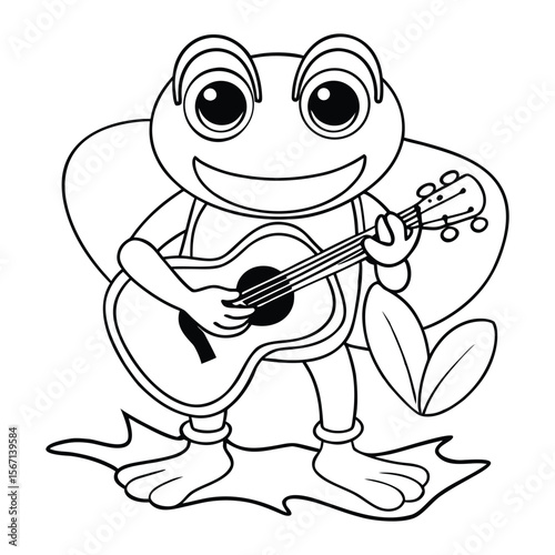 A frog playing a guitar near a pond for kids coloring book vector illustration.