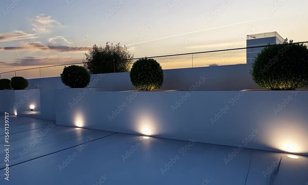 Serene rooftop terrace at dusk, featuring several shrubs in minimalist white planters, illuminated by soft ground lights against a backdrop of a partly cloudy sunset and a distant cityscape