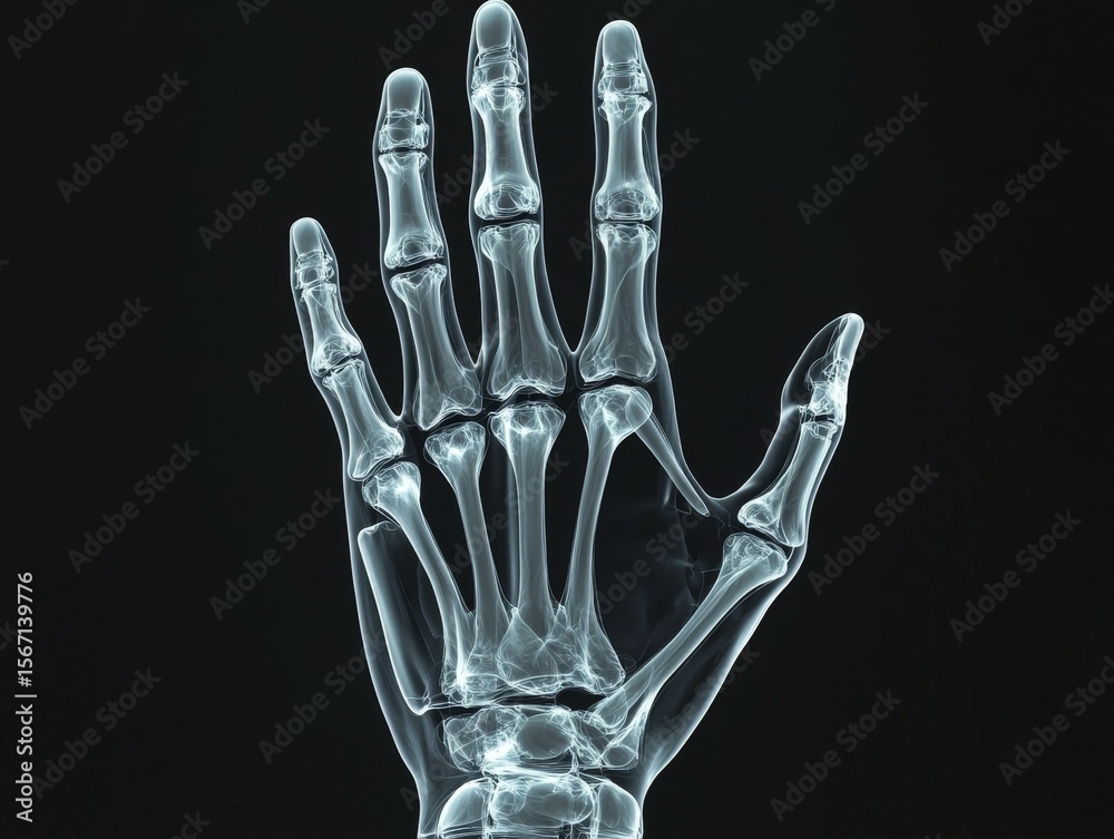 Naklejka premium X-ray style of human hand bones with high detail. Medical or anatomical concept on clean black background.