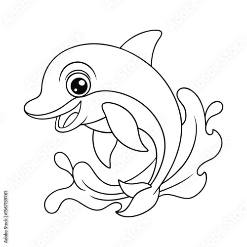 A happy dolphin jumping out of the ocean for kids coloring book vector illustration.