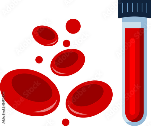 Blood sample icon, red blood cells, blood drop on white background