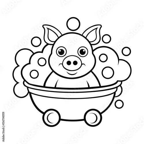 A piglet taking a bubbly bath in a tub for kids coloring book vector illustration.