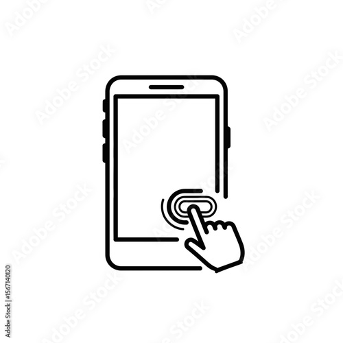 Hand pressing button on smartphone screen in minimalist design  
