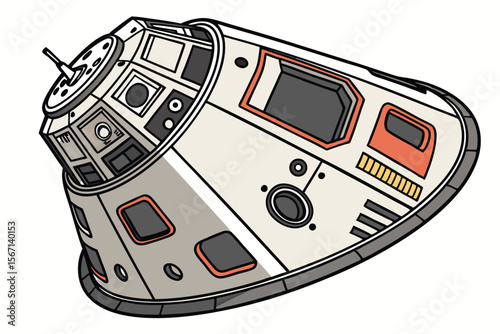 Detailed Cartoon Illustration of a Spacecraft Command Module with Intricate Paneling and a Retro Sci-Fi Aesthetic