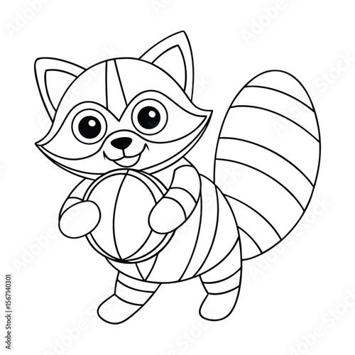 A raccoon playing with a beach ball for kids coloring book vector illustration.