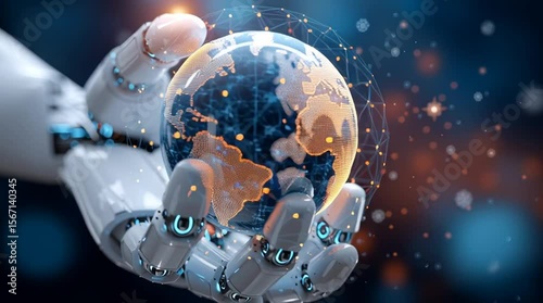 Rotating digital Earth in a robotic hand - artificial intelligence and global network concept. Robotic hand holding a rotating digital Earth with glowing data connections and global network lines     