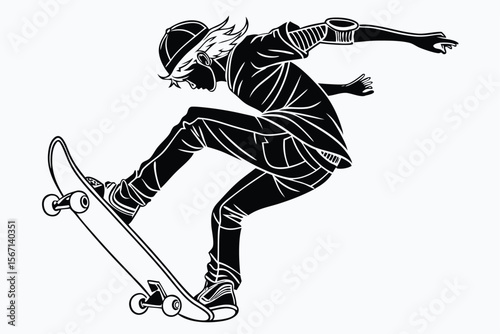 Monochrome Skateboarder Illustration Dynamic Skateboarding Scene with Detailed Line Work and Contrasting Black and White Tones Portraying Action