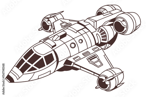 Detailed Line Art Depiction of a Futuristic Spaceship with Advanced Engines and Intricate Paneling Design Showing a Sci Fi Concept