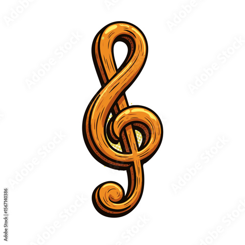 Vibrant wooden treble clef with dynamic shapes, isolated on white, pop art style concept of music and creativity, art supply, music store