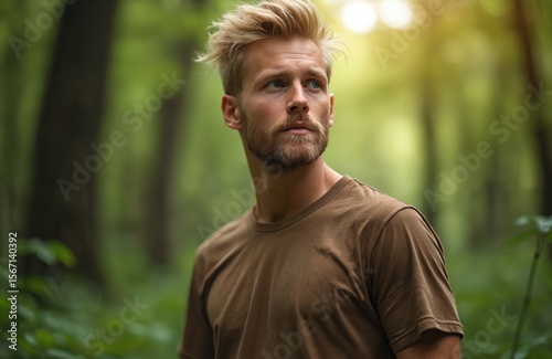 Blond man with stubble beard in lush green summer forest. Handsome male portrait. Casual t-shirt, blue eyes. Leisure, nature. Hiking vacation, active lifestyle, male beauty, woods background.