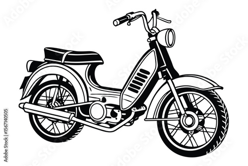 Monochromatic Moped Illustration Vintage Style Transportation Classic Vehicle Design Simple Black and White Graphics Retro Motorized Bicycle