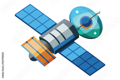 Stylized Satellite Illustration Featuring Solar Panels and a Circular Antenna for Space Exploration and Technological Advancement in Communications