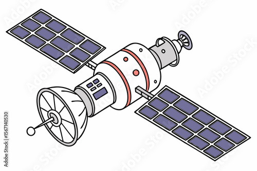 Isometric Illustration of a Complex Satellite with Solar Panels, Antenna, and Multiple Modules for Space Exploration and Communication