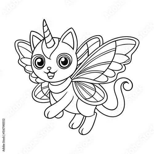 A unicorn kitten flying with butterfly wings for kids coloring book vector illustration.