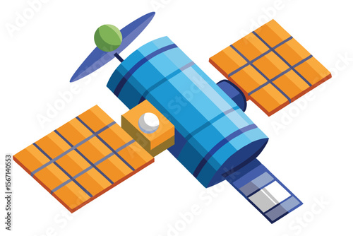 Isometric Satellite Illustration Exploring Space Communication and Technology With Solar Panels for Energy and Antennas for Signal Transmission