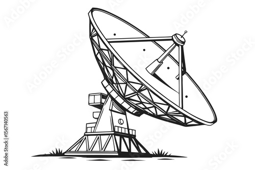 Monochrome Illustration of a Large Satellite Dish Standing Tall and Proud Against a Crisp White Background in a Striking Black and White Composition