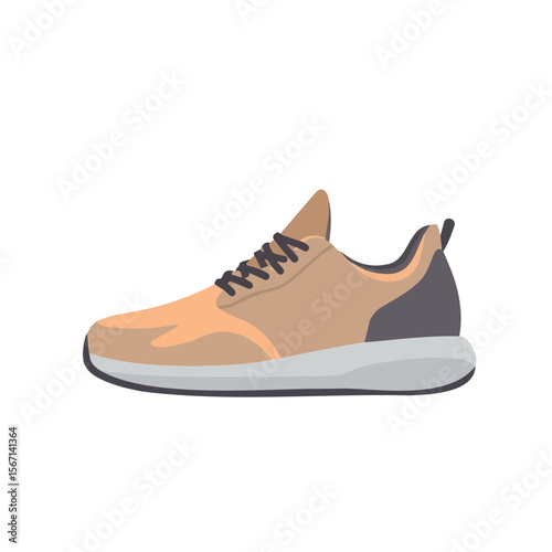 Stylish athletic shoe with modern design in beige and gray colors on a transparent background with copy space