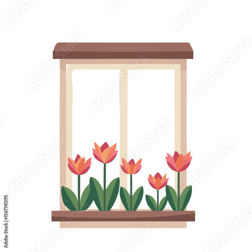 Stylish window with blooming flowers in a pot on the windowsill on a transparent background with copy space