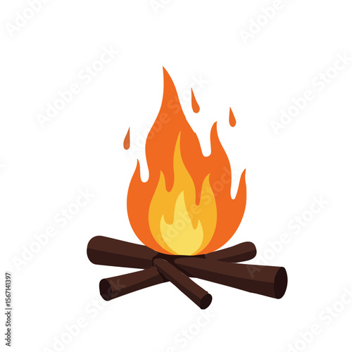Stylish campfire illustration with bright flames and logs on a transparent background with copy space