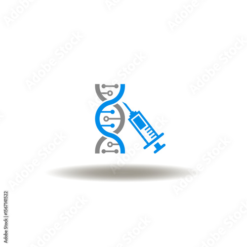 Vector illustration of DNA helix and syringe. Symbol of DNA engineering. Icon of gene modification, correction.