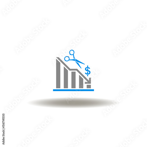 Vector illustration of fall chart with scissors and dollar currency. Symbol of cost estimate. Icon of falling trade market.
