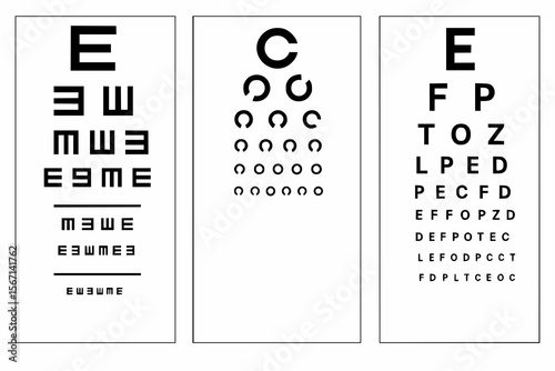 Vision Test Charts Featuring Snellen, Landolt C, and Tumbling E Designs