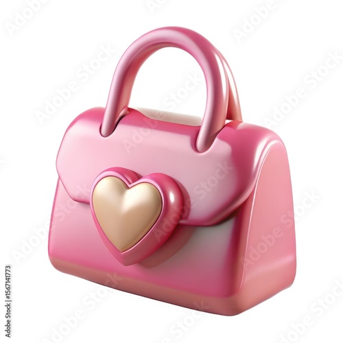 Chic pink handbag with gold heart detail isolated on white background