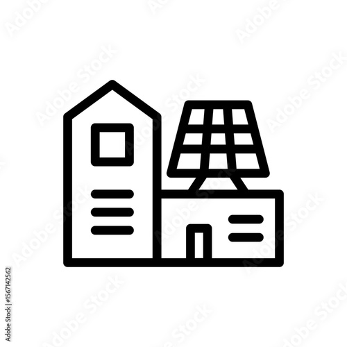 Icon Line green house powered by solar panel. Free energy, ecology, renewable, green energy and solar power plant concept. Linear and Outline icon.