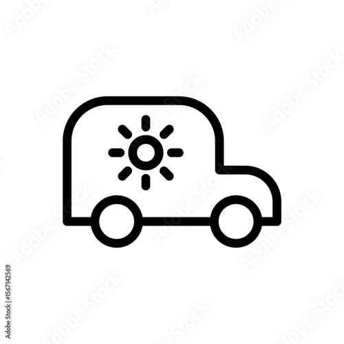 Icon Line solar powered electric car with sun symbol. Free energy, ecology, renewable, green energy and solar power plant concept. Linear and Outline icon.
