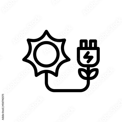Icon Line plug in charge energy powered by sun energy. Free energy, ecology, renewable, green energy and solar power plant concept. Linear and Outline icon.
