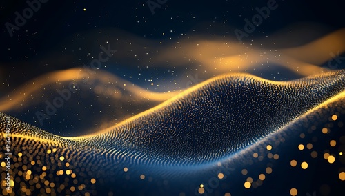 Golden particle waves shimmering against deep blue expanse with scattered light abstract particles