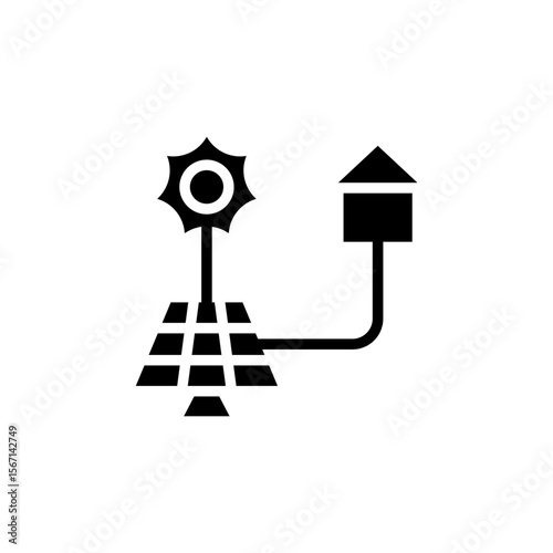Icon Glyph house powered by solar sun energy. Free energy, ecology, renewable, green energy and solar power plant concept. Black and Solid icon.