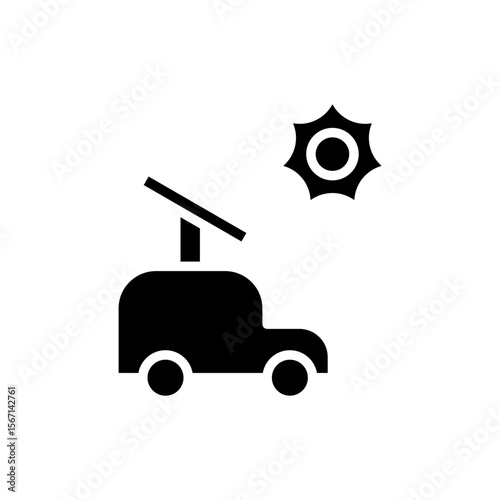 Icon Glyph electric car powered by solar panel. Free energy, ecology, renewable, green energy and solar power plant concept. Black and Solid icon.