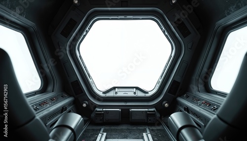 Fototapeta Naklejka Na Ścianę i Meble -  Futuristic spaceship cockpit interior with blank window. Empty space, modern design, dark environment for space travel. Passenger view of outer space, spacecraft control panel, digital illustration