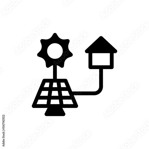 Icon Glyph house powered by solar sun energy. Free energy, ecology, renewable, green energy and solar power plant concept. Black and Semi Solid icon.