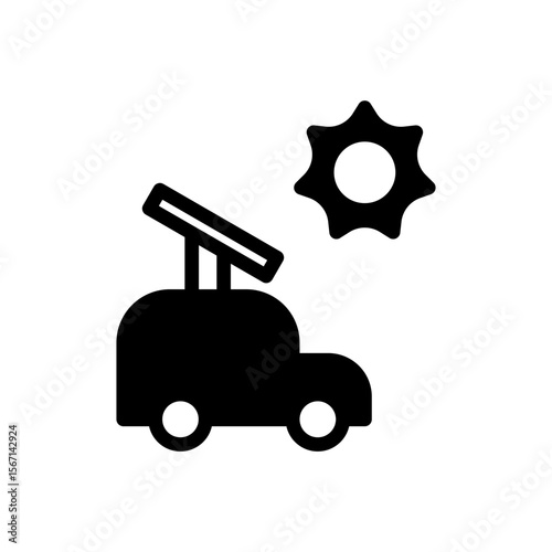Icon Glyph electric car powered by solar panel. Free energy, ecology, renewable, green energy and solar power plant concept. Black and Semi Solid icon.